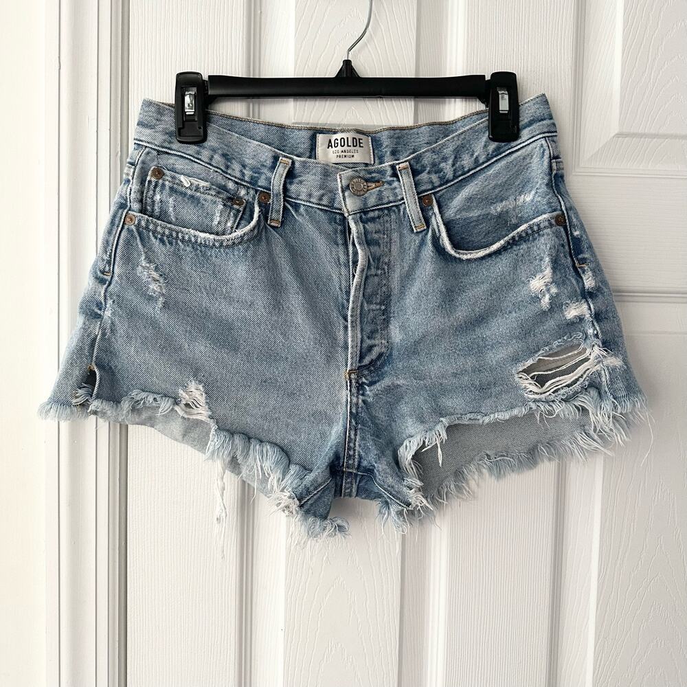 Agolde Parker Vintage Distressed Cut Off Denim Shorts in Swapmeet 26 - Picture 2 of 14